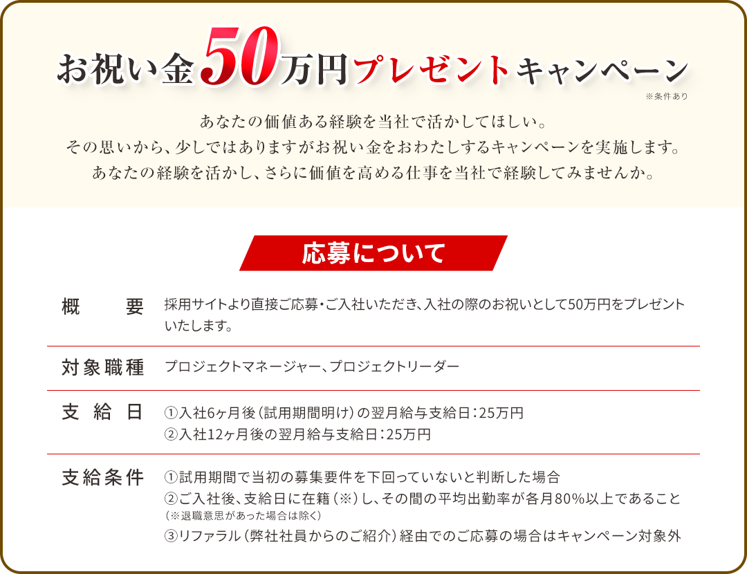 お祝い金50万円プレゼントキャンペーン！（条件あり）採用サイトより直接ご応募・ご入社いただき、入社の際のお祝いとして50万円をプレゼントいたします。対象職種はプロジェクトマネージャーとプロジェクトリーダー、支給日は①入社6ヶ月後（試用期間明け）の翌月給与支給日：25万円②入社12ヶ月後の翌月給与支給日：25万円の2回。支給条件として、①試用期間で当初の募集要件を下回っていないと判断した場合、②ご入社後、支給日に在籍（※）し、その間の平均出勤率が各月80%以上であること（※退職意思があった場合は除く）、とさせていただきます。また、リファラル（弊社社員からのご紹介）経由でのご応募の場合はキャンペーン対象外です。